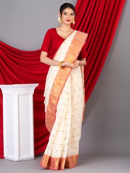 LAA CALCUTTA - White and Red Pure Cotton Tant Saree