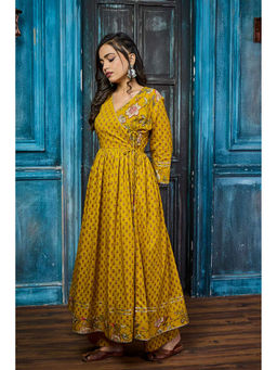 Tanoti - Women Printed Yellow Long Kurta