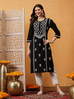 ADA - Black Ethnic Embroidered Lucknowi Chikankari Kurta