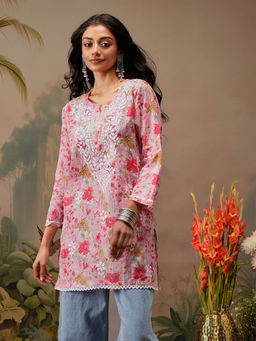 ADA - Pink Embroidered Printed Lucknowi Chikankari Cotton Kurti