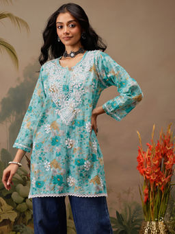 ADA - Blue Embroidered Printed Lucknowi Chikankari Cotton Kurti