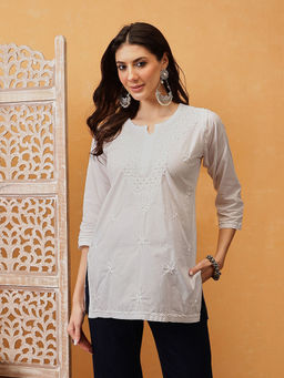 ADA - White Embroidered Ethnic Lucknowi Chikankari Kurti