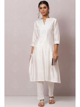 Biba - White Viscose Blend Straight Kurta