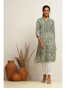 Biba - Green Cotton A-Line Kurta