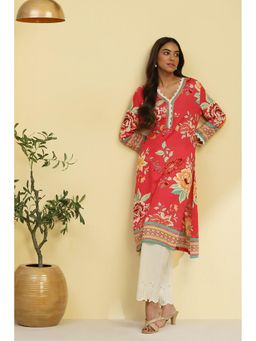 Biba - Pink Rayon Floral Straight Kurta