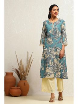 Biba - Dull Blue Cotton Straight Kurta
