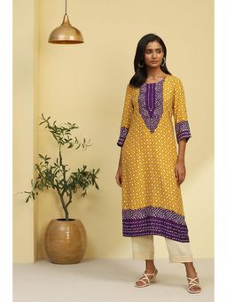 Biba - Yellow Rayon Straight Kurta