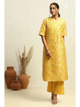 Biba - Yellow Jacquard Straight Kurta with Pant (Set of 2)
