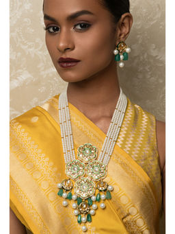 Joules By Radhika - Green Jazzy Enamelled Kundan Jade & Shell Pearls Necklace And Earrings Set