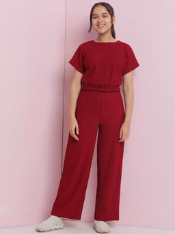 Lil Tomatoes - Maroon Girls Solid Cotton Jumpsuit