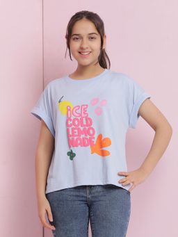 Lil Tomatoes - Blue Girls Typography Cotton T-Shirt