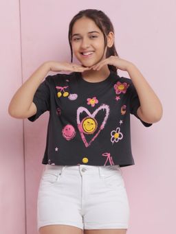 Lil Tomatoes - Charcoal Girls Graphic Cotton Crop T-Shirt