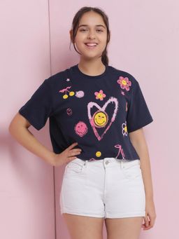 Lil Tomatoes - Navy Blue Girls Graphic Cotton Crop T-Shirt