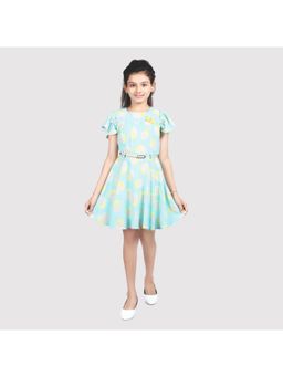 TINY GIRL - Sea Green Half Sleeves Printed Belted Midi Dress with Brouch (Set of 2)