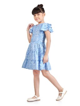 TINY GIRL - Blue Half Sleeves V-Neck Printed Midi Dress