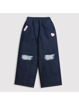 TINY GIRL - Fancy Patches Dark Blue Wide Leg Full Elastic Jeans