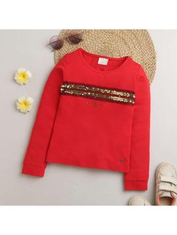 TINY GIRL - Adorn with Golden Sequin Red Long Sleeves T-Shirt