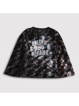 TINY GIRL - Black Velvet Full Bell Sleeves Shimmer Text Detailed Top