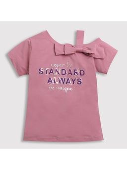 TINY GIRL - Bow & Foil Sticker Onion Pink One Shoulder Half Sleeves Top