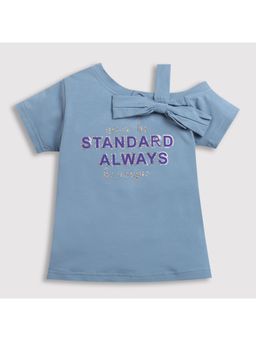 TINY GIRL - Bow & Foil Sticker Blue One Shoulder Half Sleeves Top