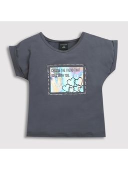 TINY GIRL - Roll-Up Sleeves & Foil Sticker Grey Round Neck Top