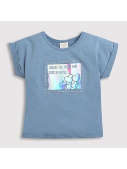 TINY GIRL - Roll-Up Sleeves & Foil Sticker Powder Blue Round Neck Top