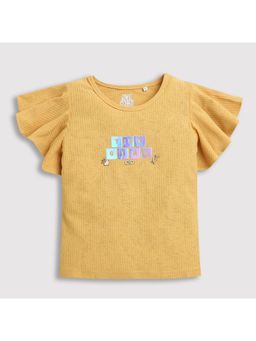 TINY GIRL - Foil Sticker Mustard Round Neck Half Sleeves Top