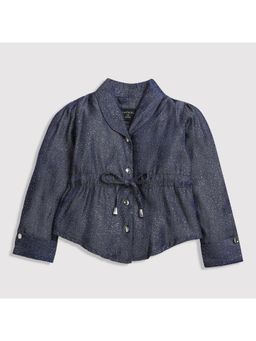 TINY GIRL - Dark Blue Collared Neck Full Sleeves Dotted Silver Shimmer Top
