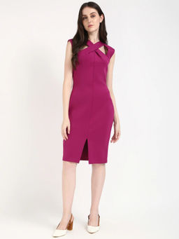 Calvin Klein - Polyester V-Neck Sheath Knee Length Pink Dress