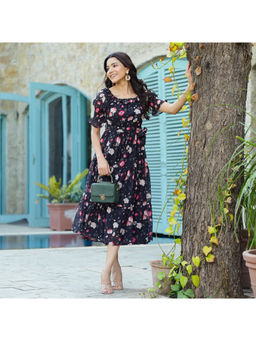 Noun - Camille Black Floral Midi Dress with Belt