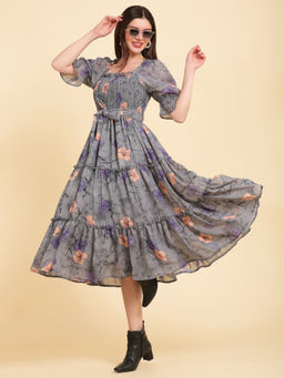 Noun - Miley Grey Floral Midi Dress with Belt