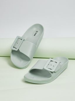 max - Women Green Solid Buckle Sliders