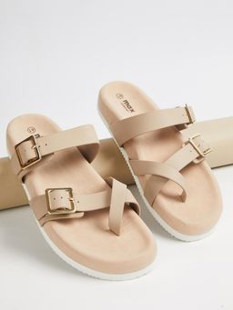 max - Women Beige One-Toe Sandals with Tang Buckle
