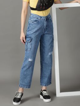 SHOWOFFFF - Women's Non Stretchable Mildly Distressed Blue Dad Fit Jeans