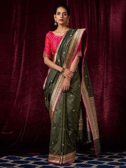 WeaverStory - Handloom Olive Green Kadhwa Booti Gold Border Saree With Unstitched Blouse