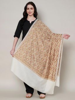 MUFFLY - Women Embroidered Wool Off White Shawl