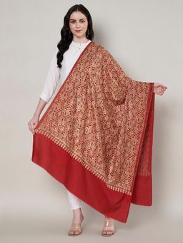 MUFFLY - Women Embroidered Wool Maroon Shawl