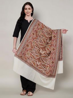 MUFFLY - Women Embroidered Wool Off White Shawl