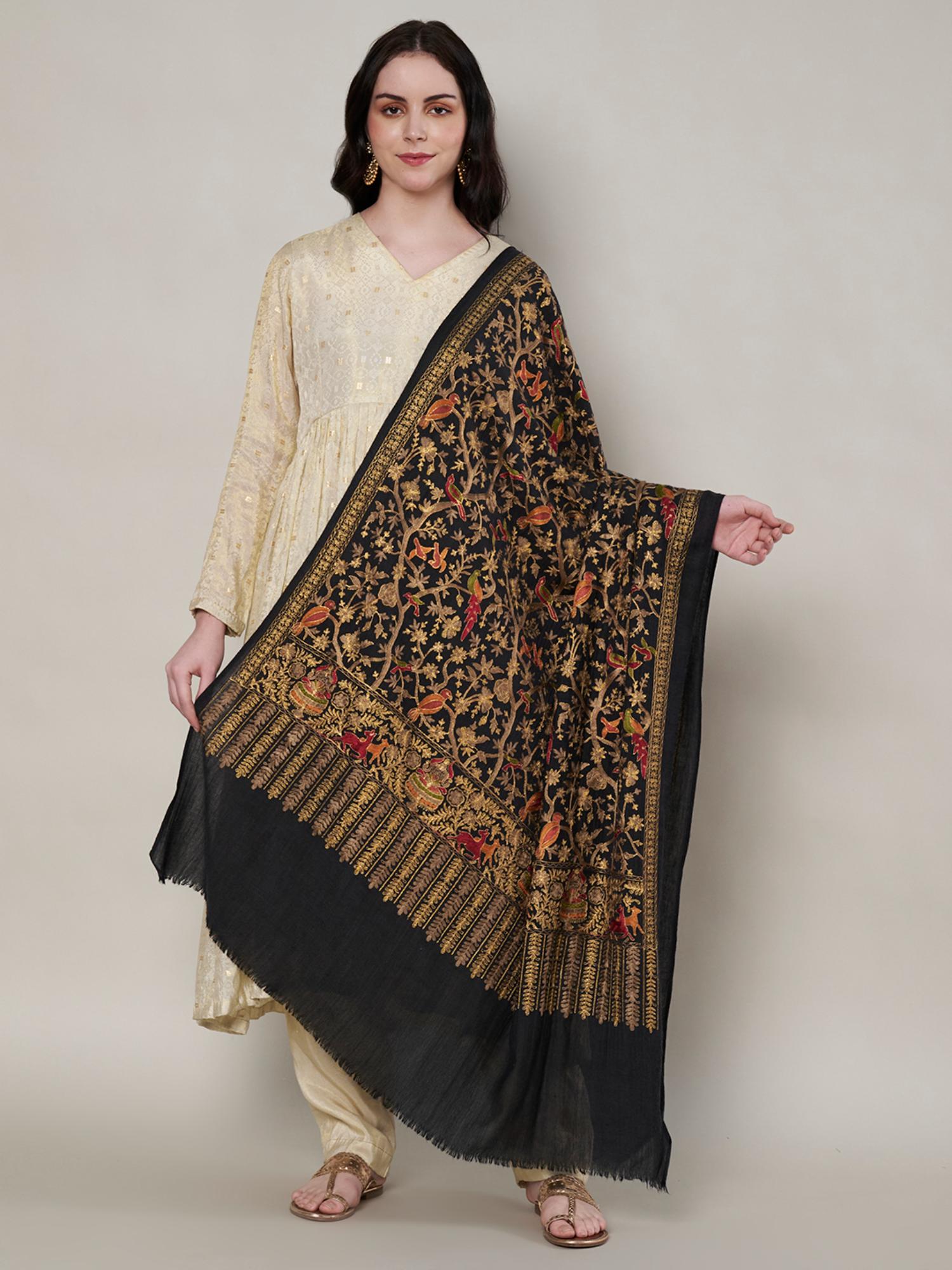 muffly Women Floral Wool Black Shawl-picture-44
