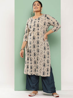 Yufta - Beige Printed Pure Cotton Plus Size Kurta