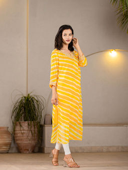 Yufta - Yellow Georgette Leheriya Kurta with Cotton Lining and Embroidery