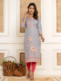 Yufta - Grey Cotton Straight Kurta with Digital Print