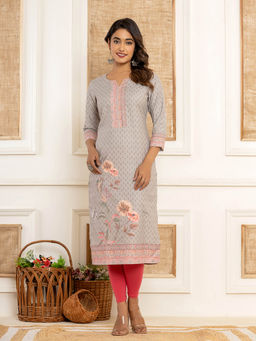 Yufta - Beige Cotton Straight Kurta with Digital Print