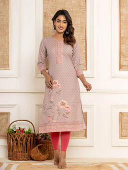 Yufta - Peach Cotton Straight Kurta with Digital Print