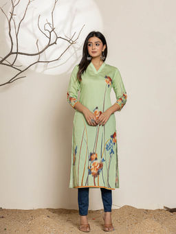 Yufta - Green Silk Blend Digital Print Kurta