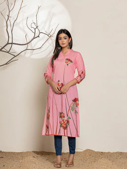 Yufta - Pink Silk Blend Digital Print Kurta