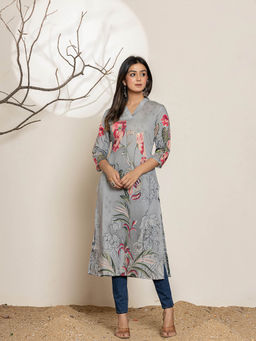 Yufta - Grey Silk Blend Digital Floral Print Kurta