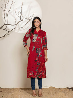 Yufta - Maroon Silk Blend Digital Floral Print Kurta