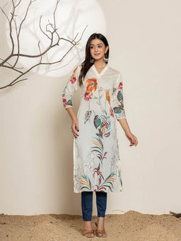Yufta - Off White Silk Blend Digital Floral Print Kurta