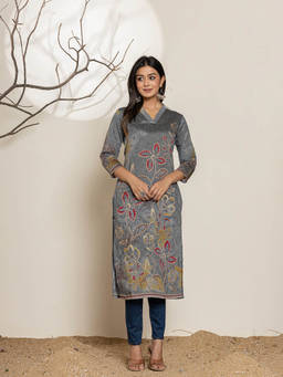 Yufta - Grey Silk Blend Embellished Kurta